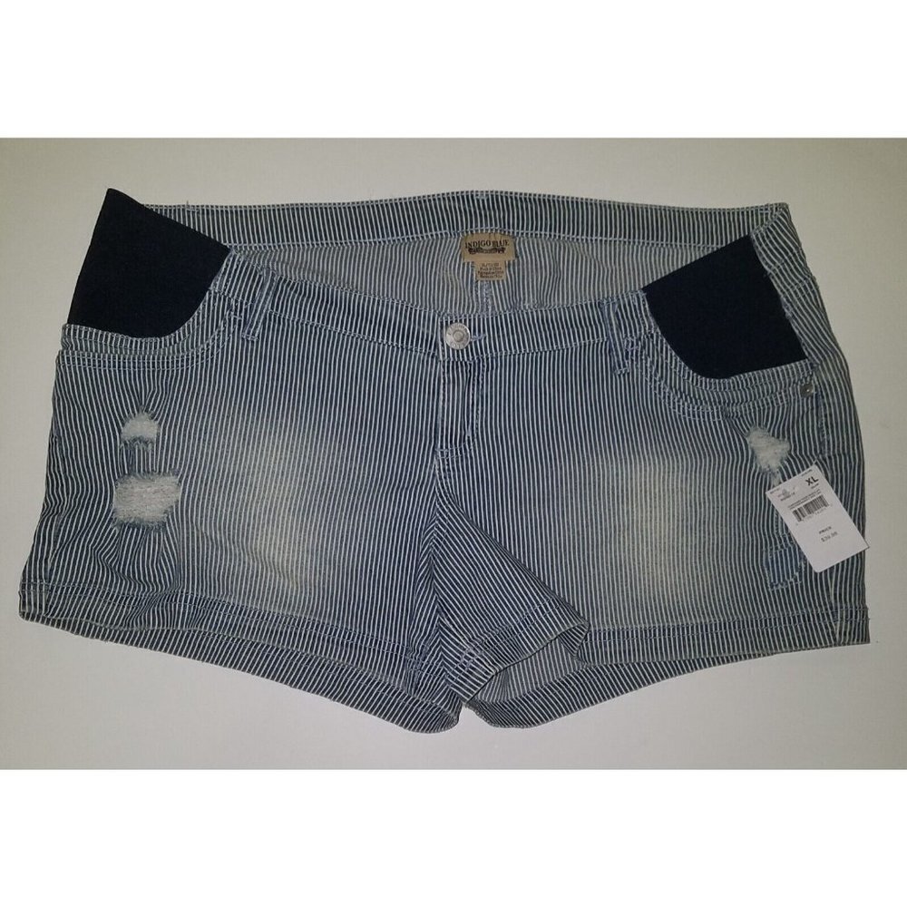 NEW Indigo Blue White Striped Maternity Shorts Size XL Short Booty Distressed